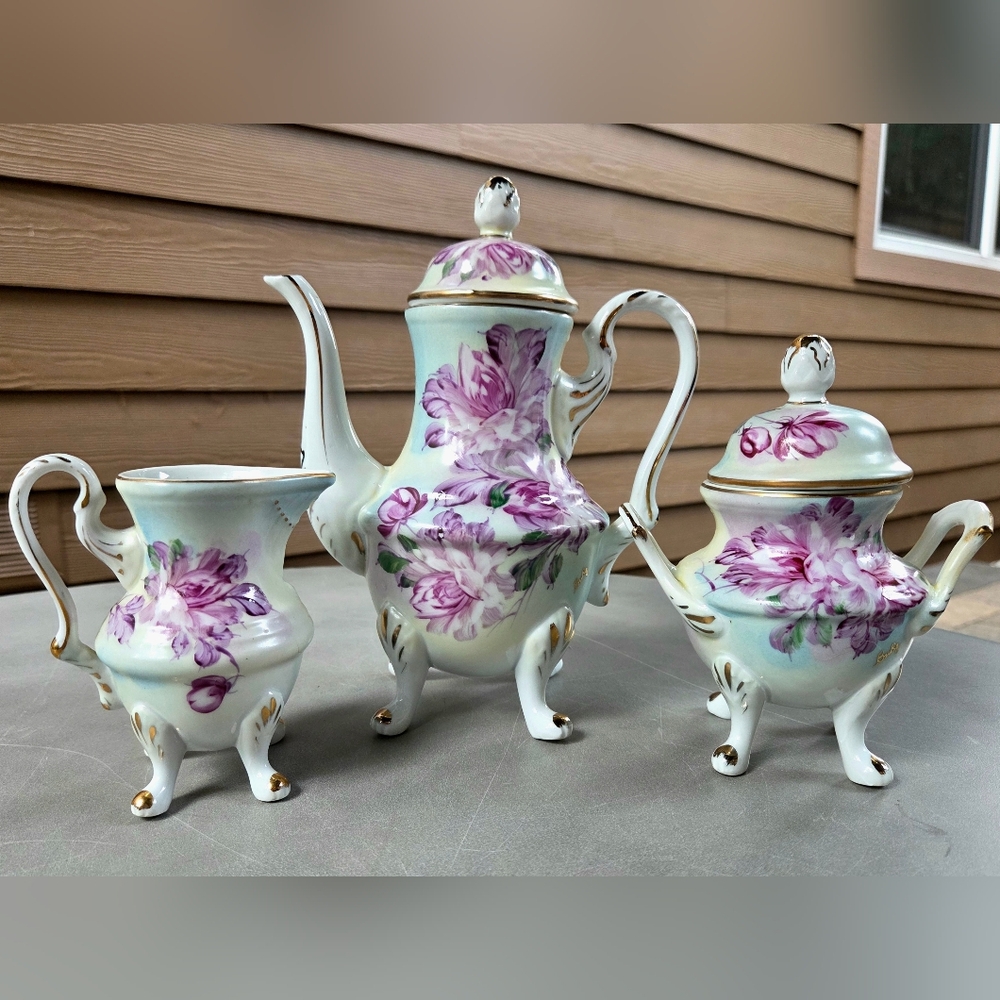Victorian-Style Vintage Footed Handpainted Tea Set |Teapot, Creamer, Sugar Bowl|